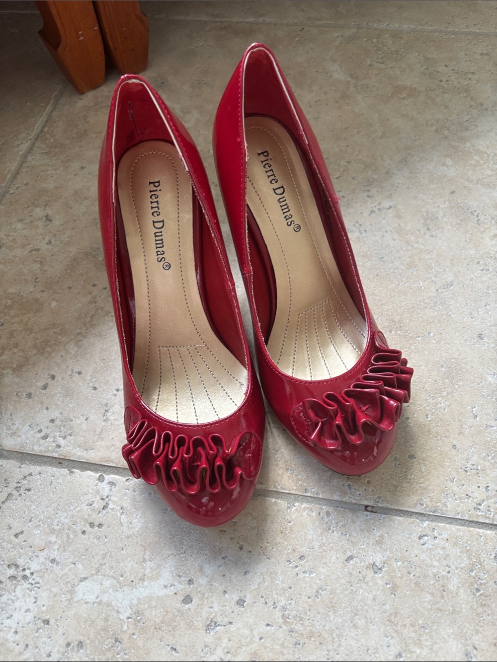 Pierre Dumas Red Patent Ruffle Peep-Toe Heels